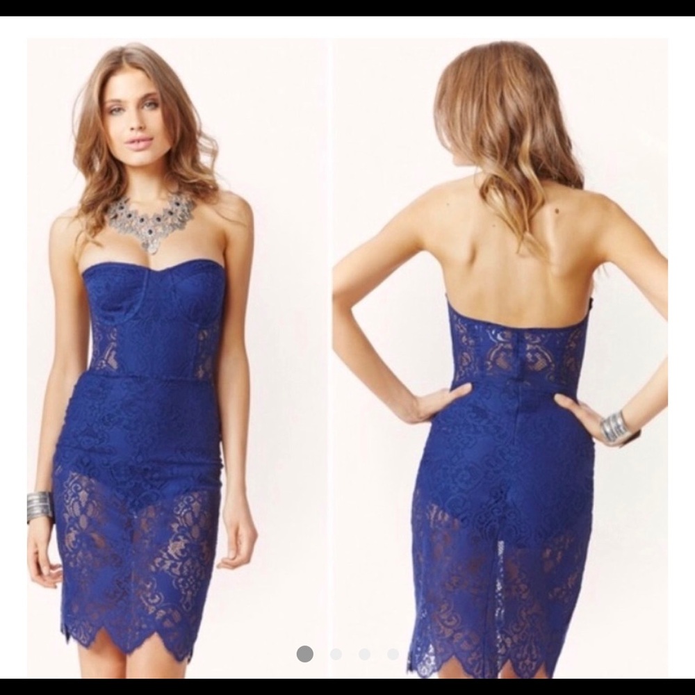 For Love and Lemons strapless lace midi dress.